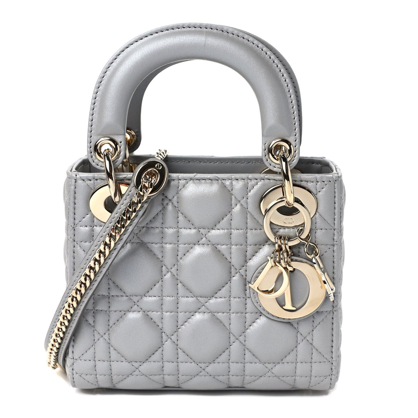 Metallic Lambskin Cannage Mini Lady Dior Grey