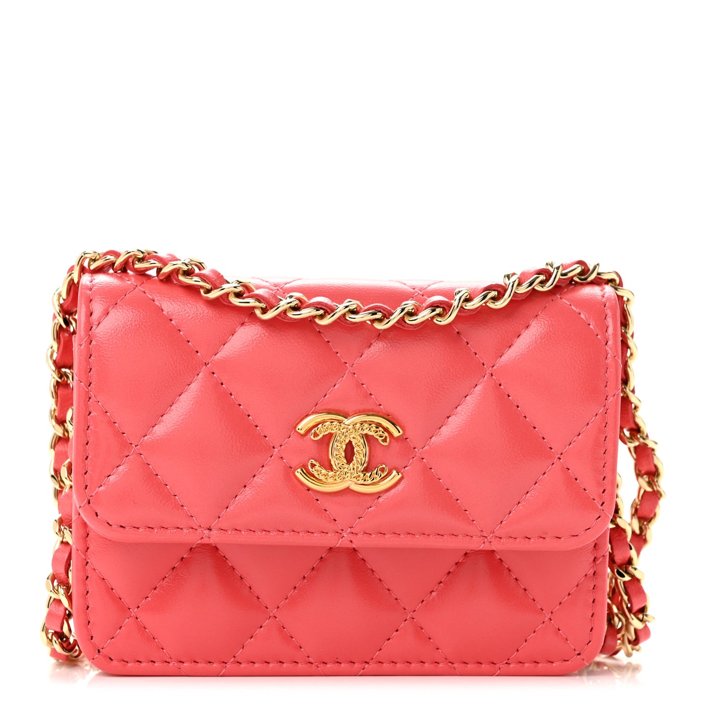 Shiny Lambskin Quilted Card Holder On Chain Pink