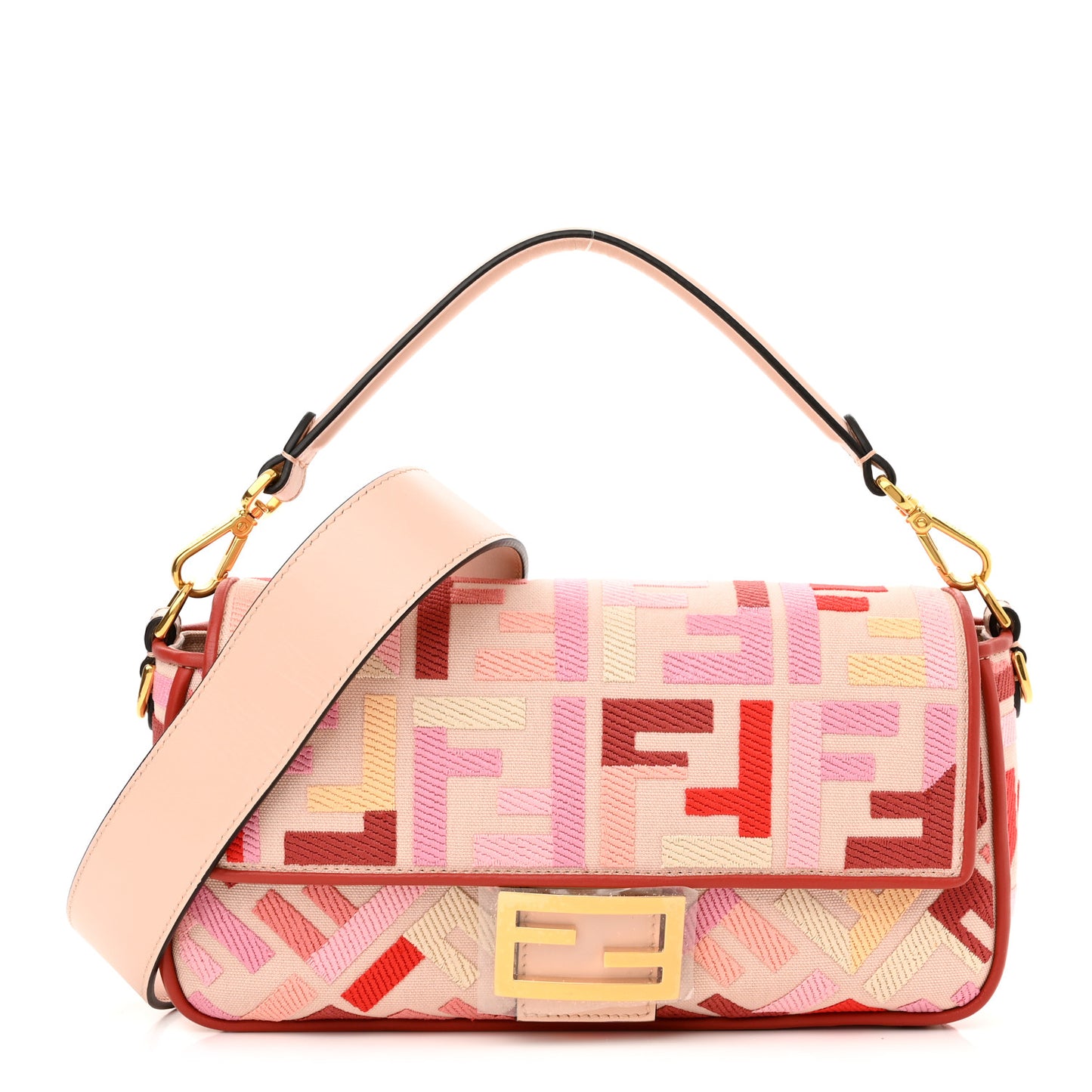 Canvas Vitello King FF Embroidered Baguette Rosa Quarzo Bloody Mary Multicolor