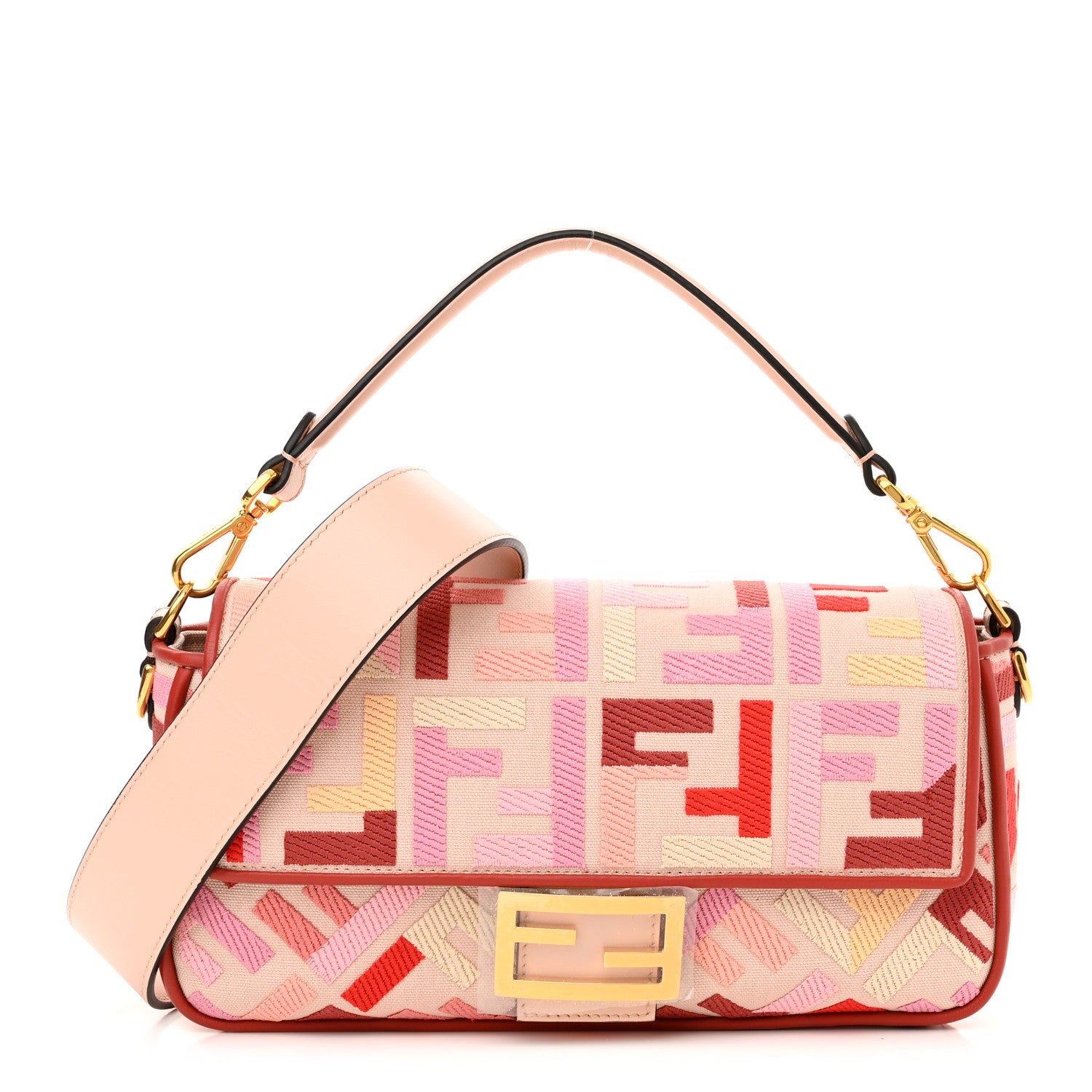 Fendi Canvas Vitello King FF Embroidered Baguette Rosa Quarzo Bloody Mary Multicolor 1 of 10