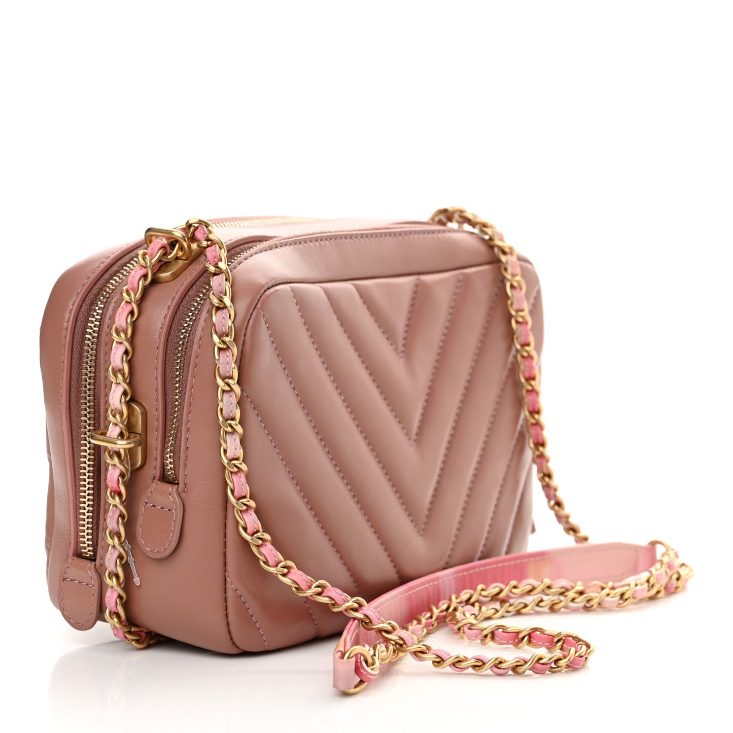 Lambskin Chevron Quilted Chain Around Camera Case Pink