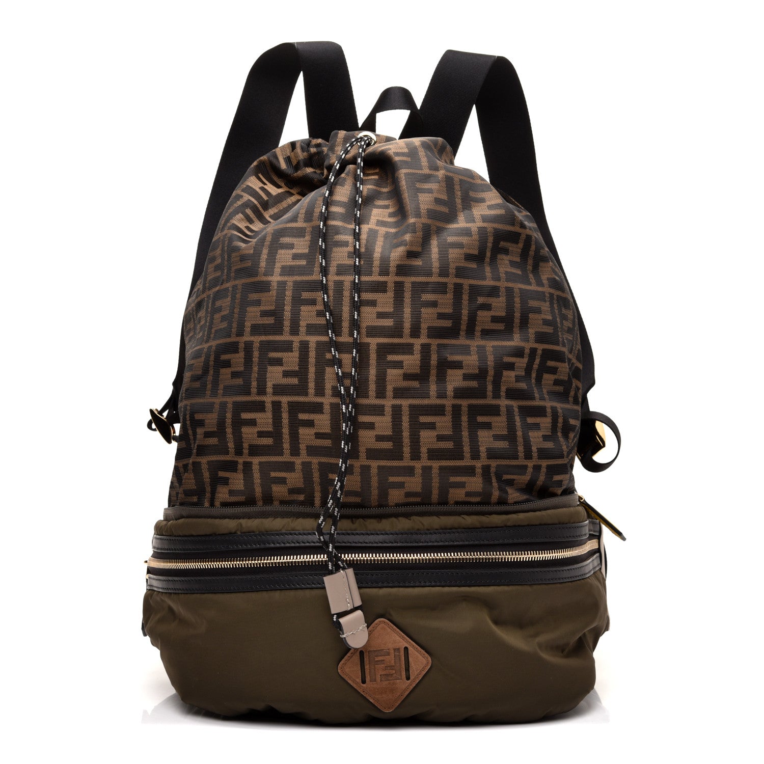 Fendi Nylon Dolmias Vitello Grace FF Convertible Drawstring Backpack Military Brown Tortora 1 of 14