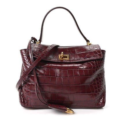 Balenciaga Shiny Calfskin Crocodile Embossed Mini Rodeo Top Handle Handbag Dark Burgundy 1 of 8