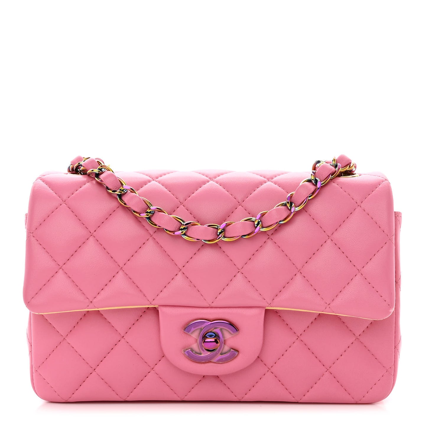 Lambskin Quilted Mini Rectangular Flap Pink Yellow