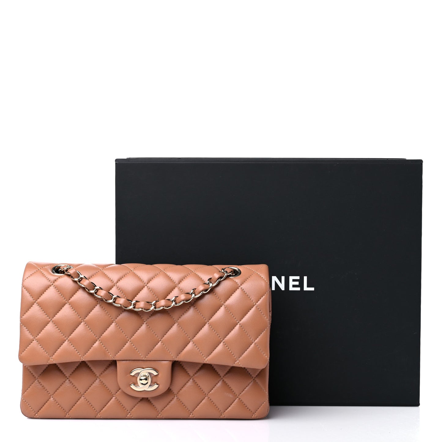 Lambskin Quilted Medium Double Flap Brown