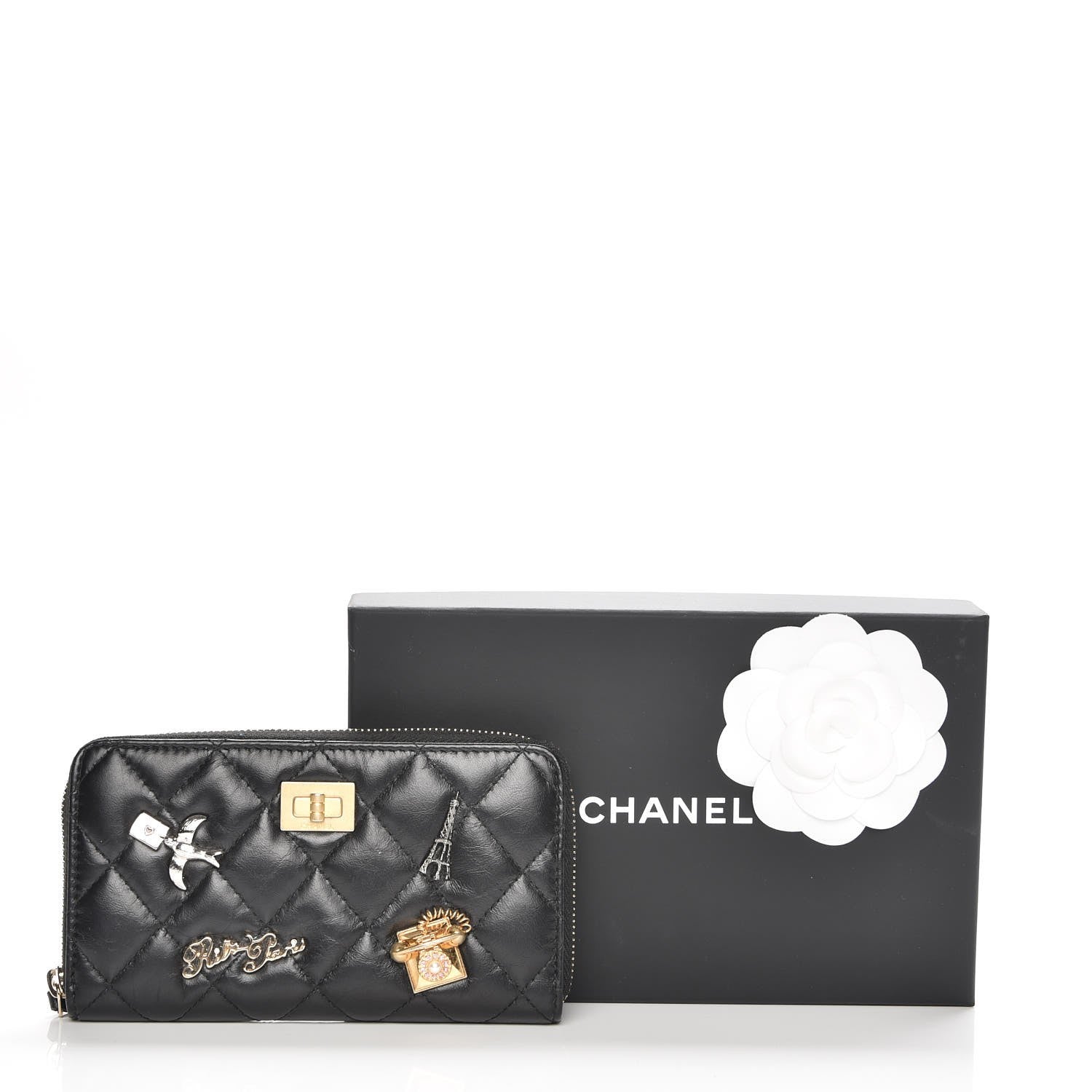 Chanel Aged Calfskin Quilted Small Lucky Charms 2.55 Reissue Zip Around Wallet Black 10 of 10
