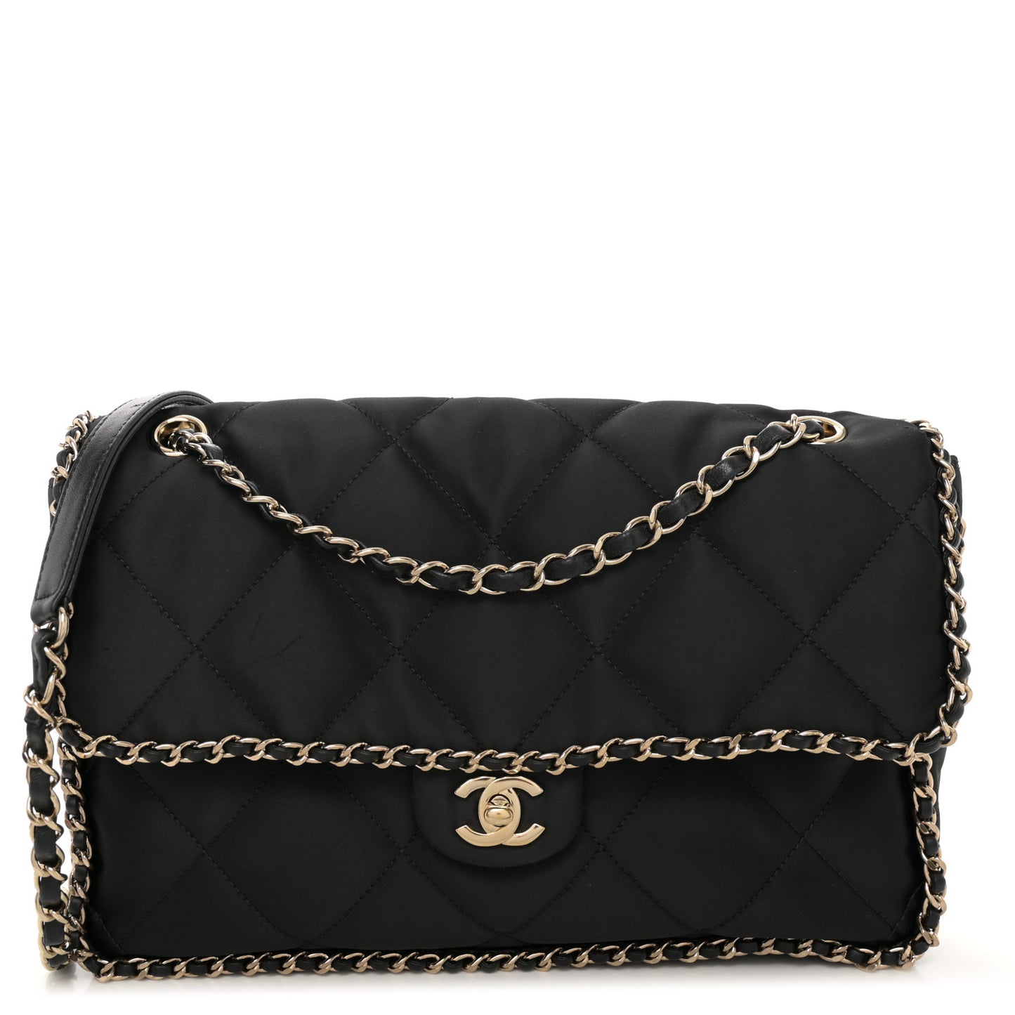 Satin Quilted Large Chain All Over Flap Bag Black Black