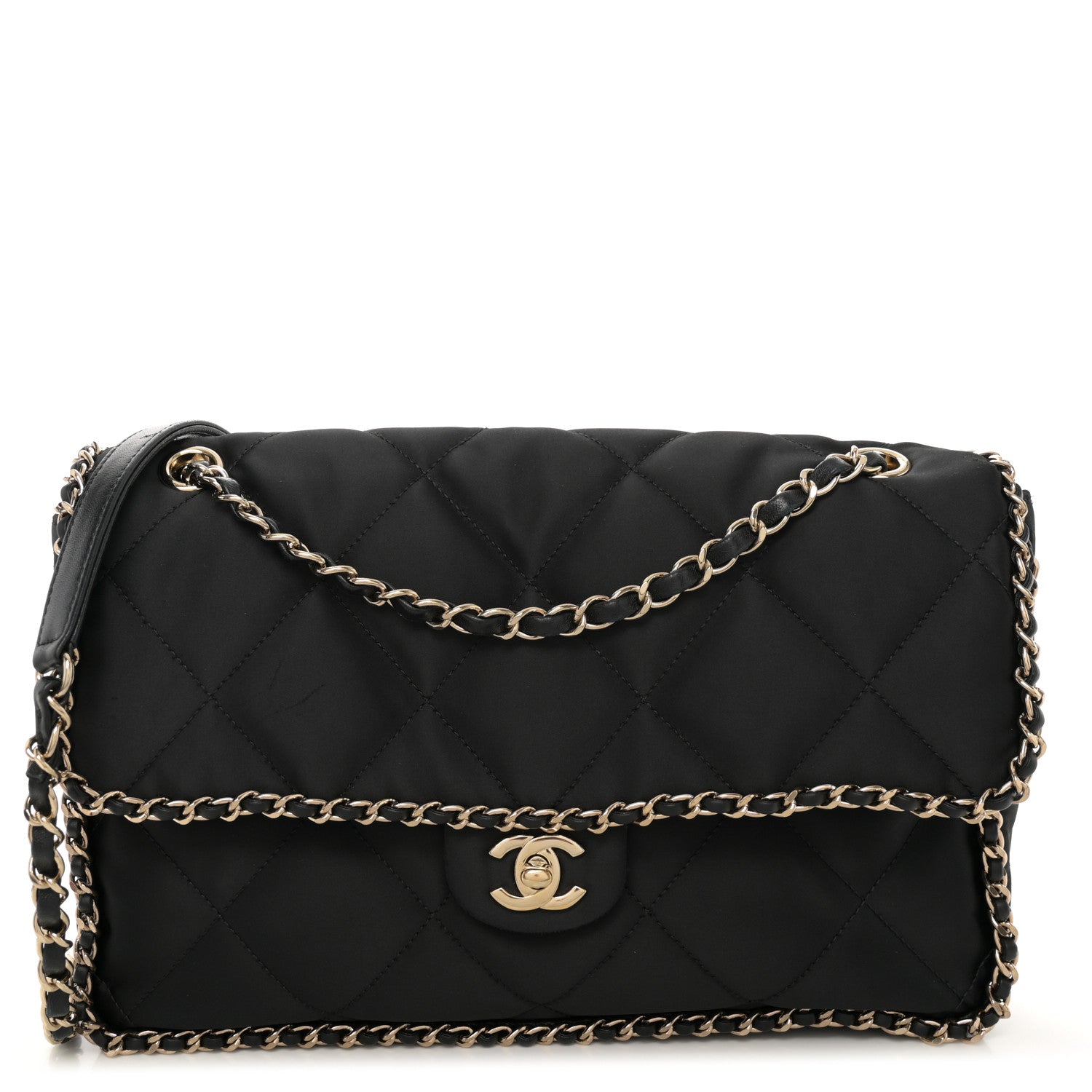 Chanel Satin Quilted Large Chain All Over Flap Bag Black Black 1 of 12