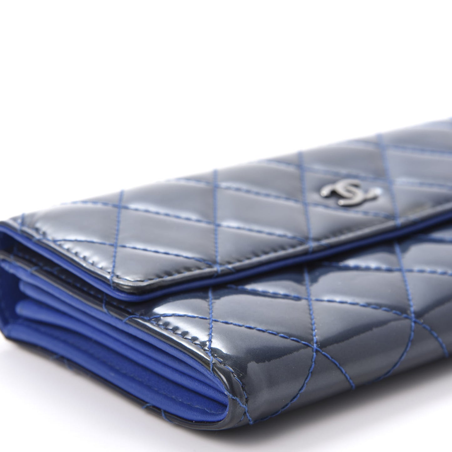 Patent Quilted Large Flap Wallet Blue