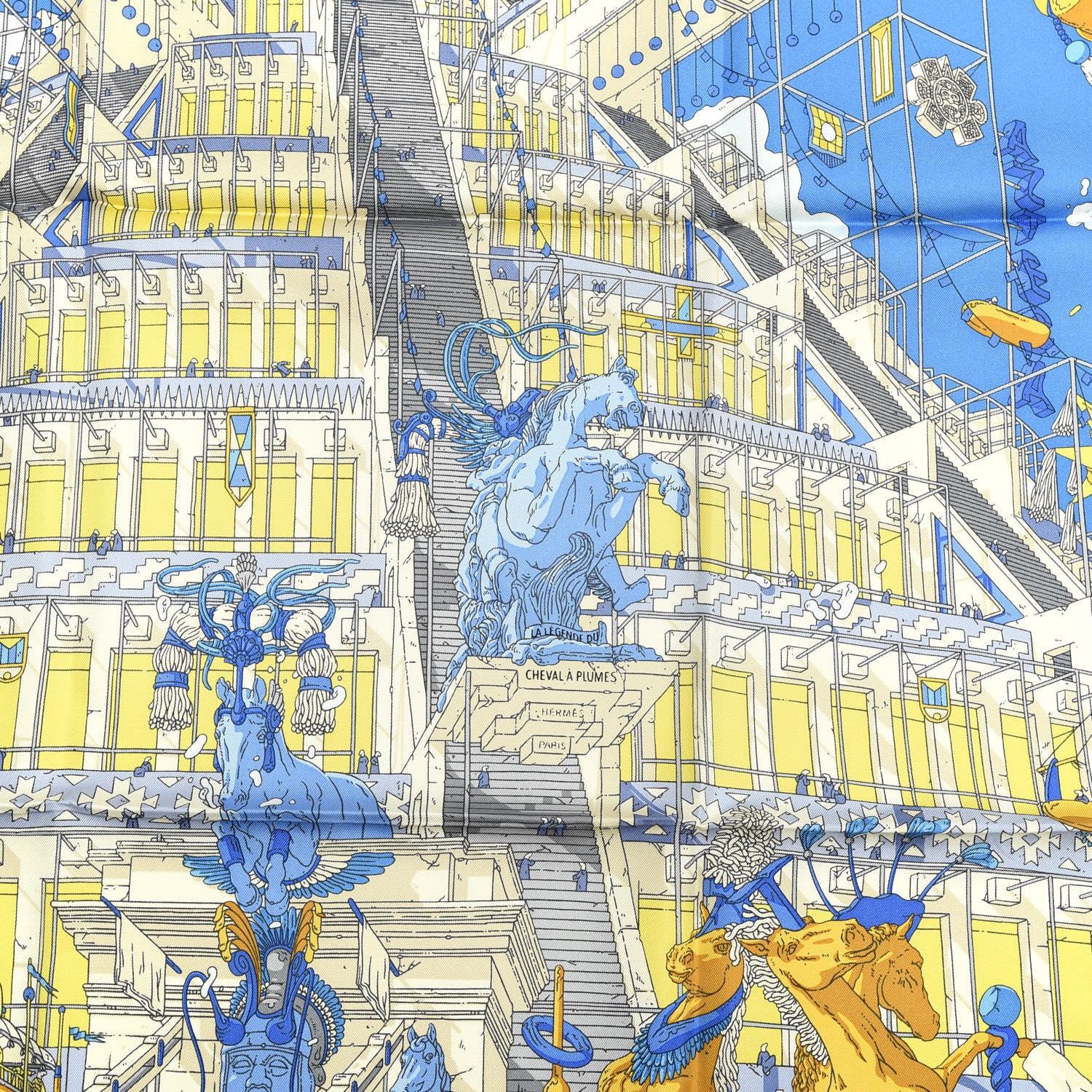 Hermes Silk La Legende Du Cheval A Plumes Scarf 90 Bleu Jaune Gold 5 of 5