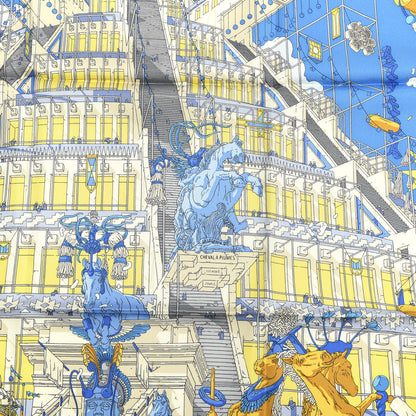 Hermes Silk La Legende Du Cheval A Plumes Scarf 90 Bleu Jaune Gold 5 of 5