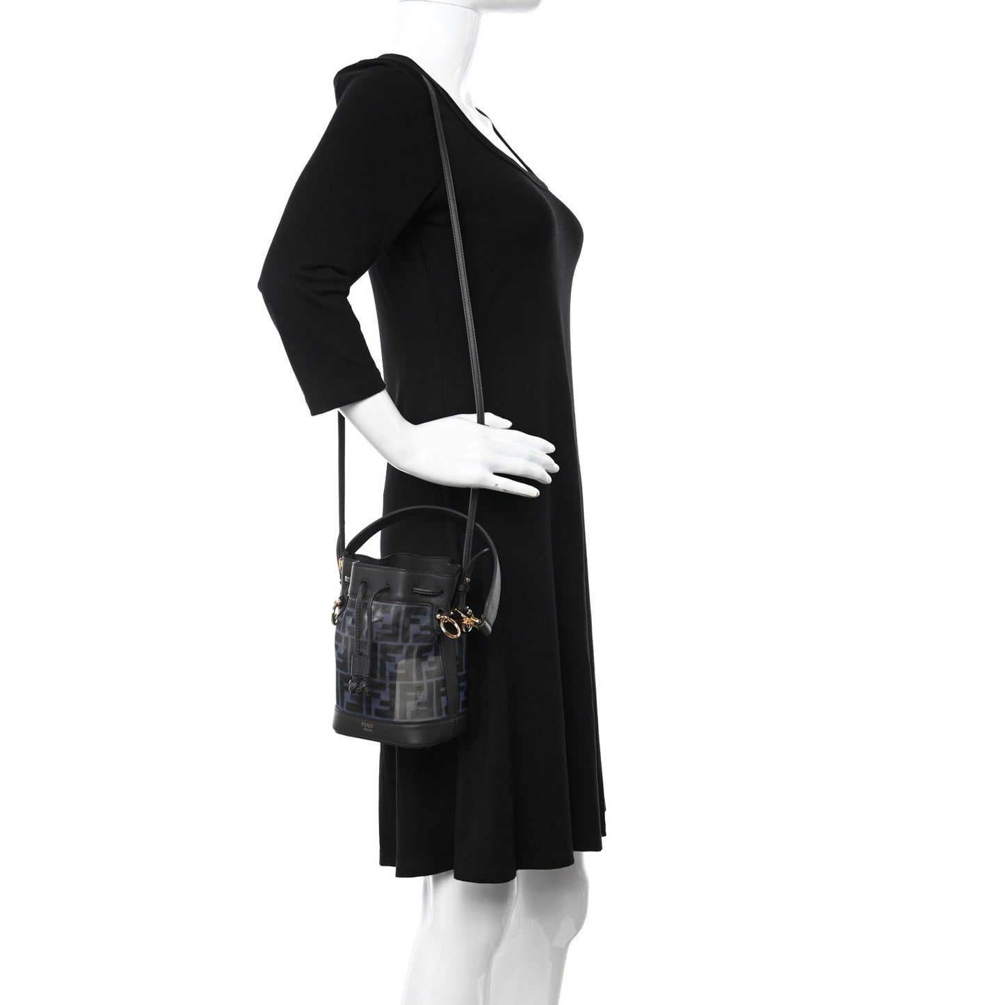 Mesh Vitello Grace F is Fendi FF 1974 Mini Mon Tresor Bucket Bag Azzurro Black Ebano