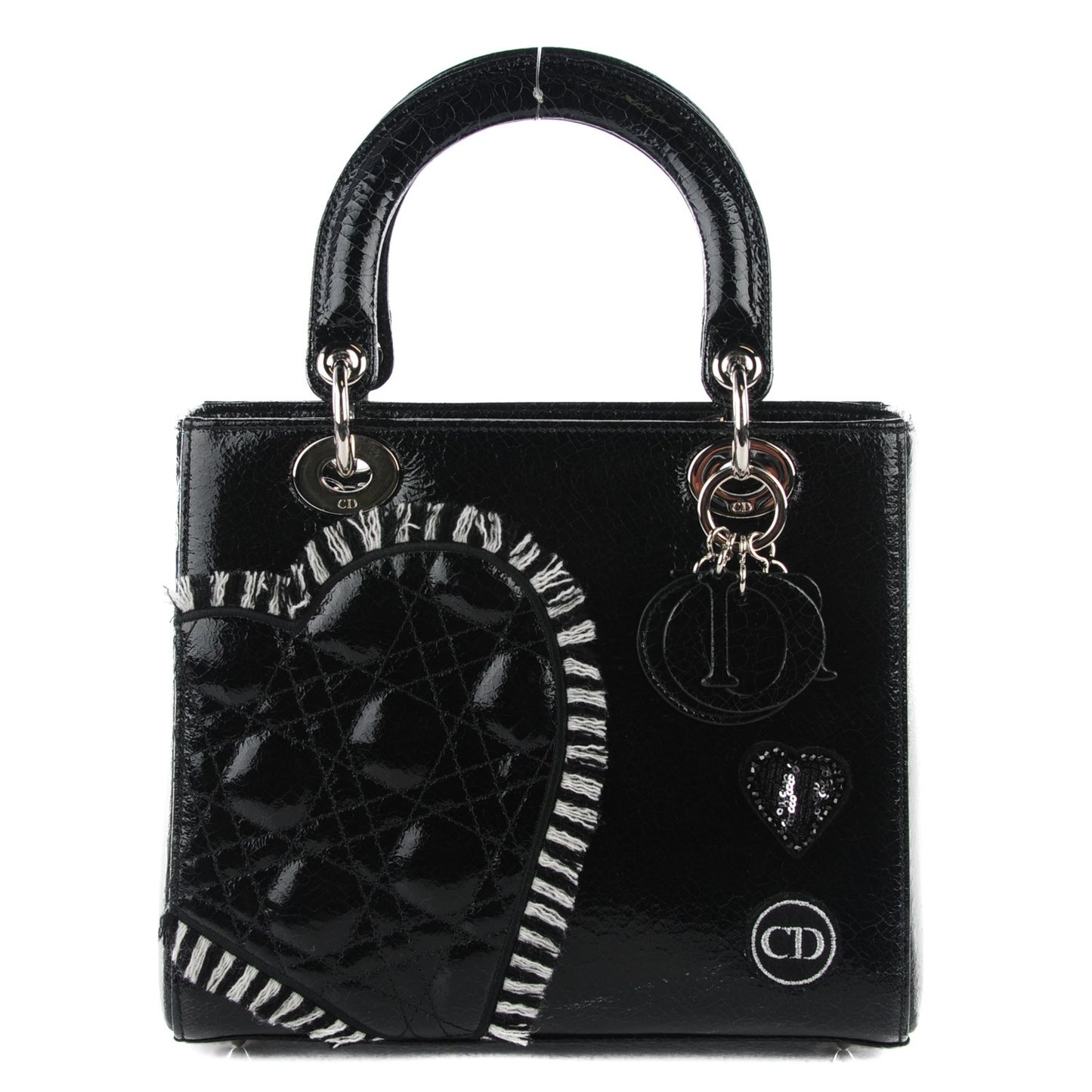 Crackled Calfskin Embellished Medium Lady Dior Black