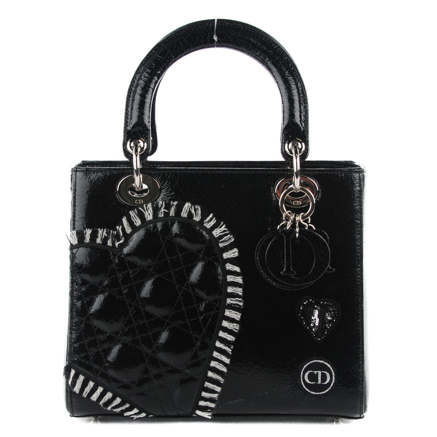 Christian Dior Crackled Calfskin Embellished Medium Lady Dior Black 1 of 9
