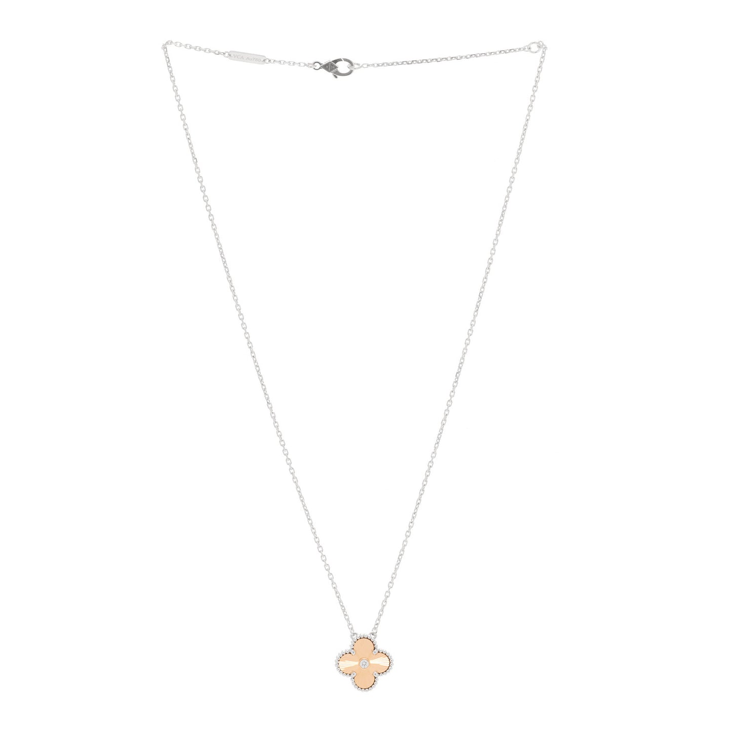 18K White Rose Gold Diamond Guilloche Vintage Alhambra Pendant Necklace