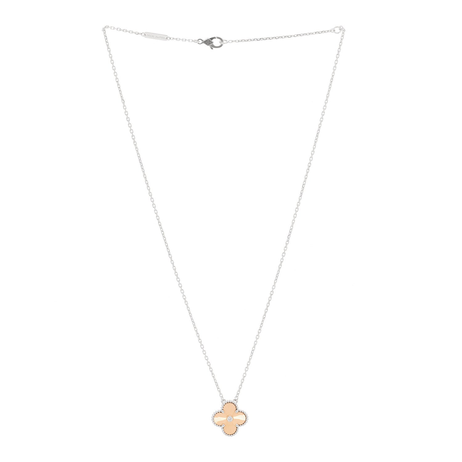 Van Cleef & Arpels 18K White Rose Gold Diamond Guilloche Vintage Alhambra Pendant Necklace 3 of 6