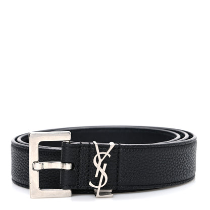 Saint Laurent Grained Calfskin Monogram Cassandre Square Buckle Belt  90 36 Black 1 of 6