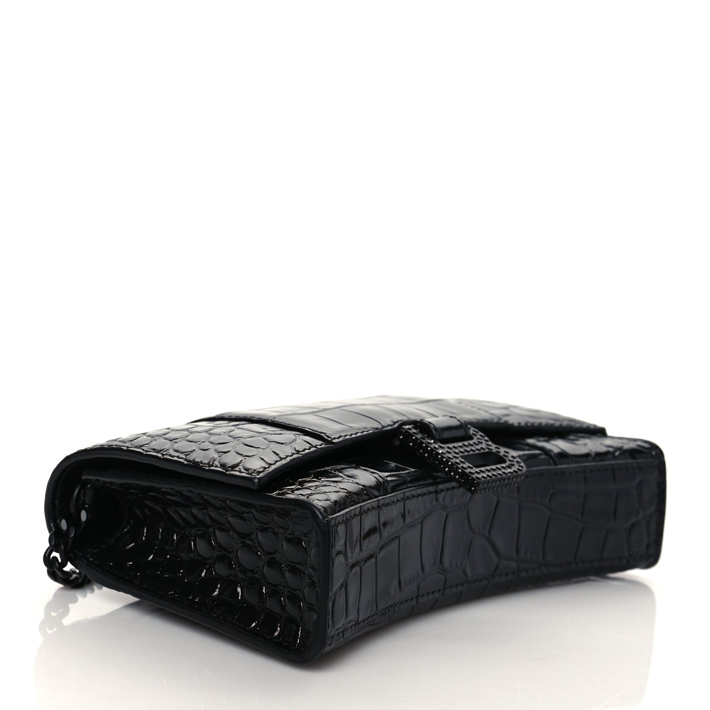 Shiny Calfskin Strass Monochrome Crocodile Embossed Hourglass Chain Bag Black