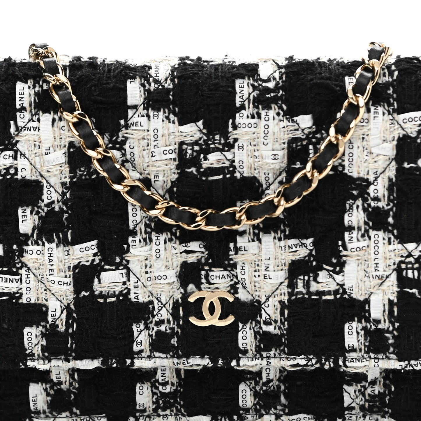Tweed Quilted Wallet On Chain WOC Black Ecru White
