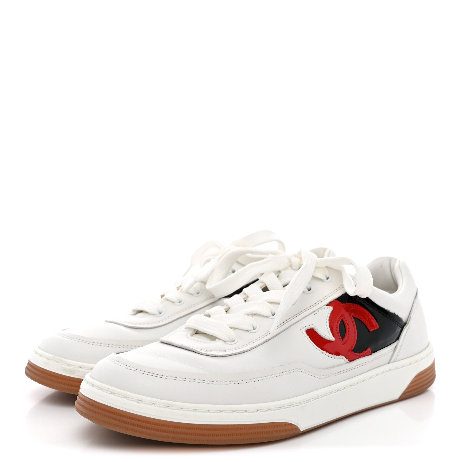 Chanel Calfskin Patent Womens CC Sneakers 38 White Black Red 4 of 9