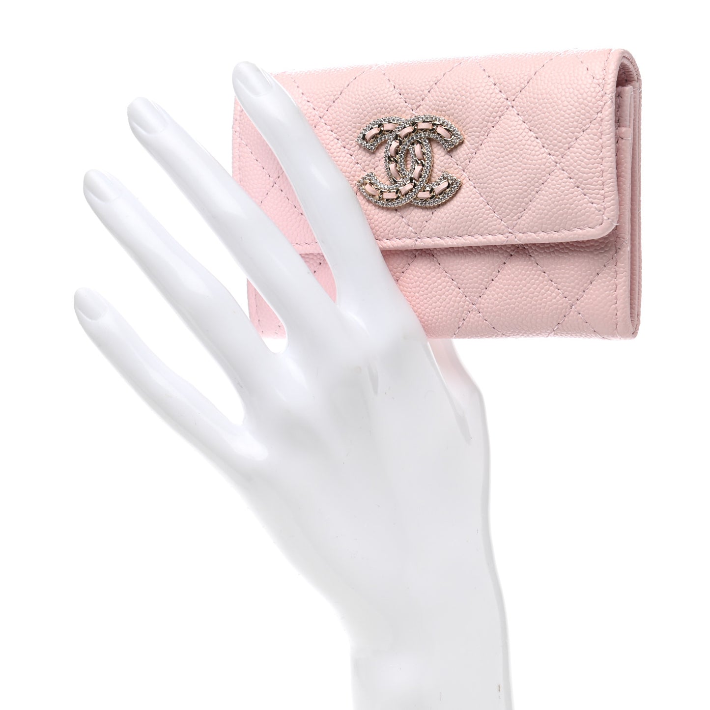 Caviar Quilted Crystal CC Flap Card Holder Pink