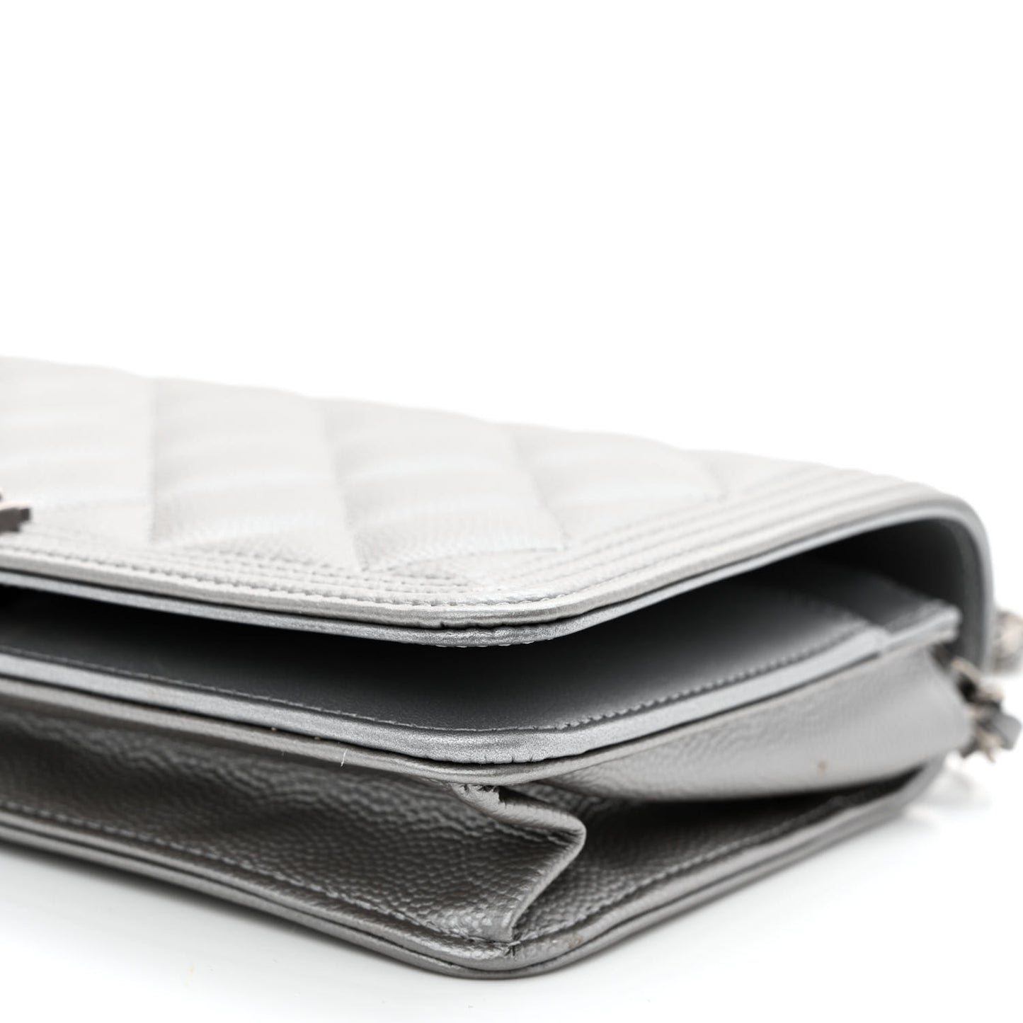 Metallic Caviar Quilted Boy Wallet On Chain WOC Silver