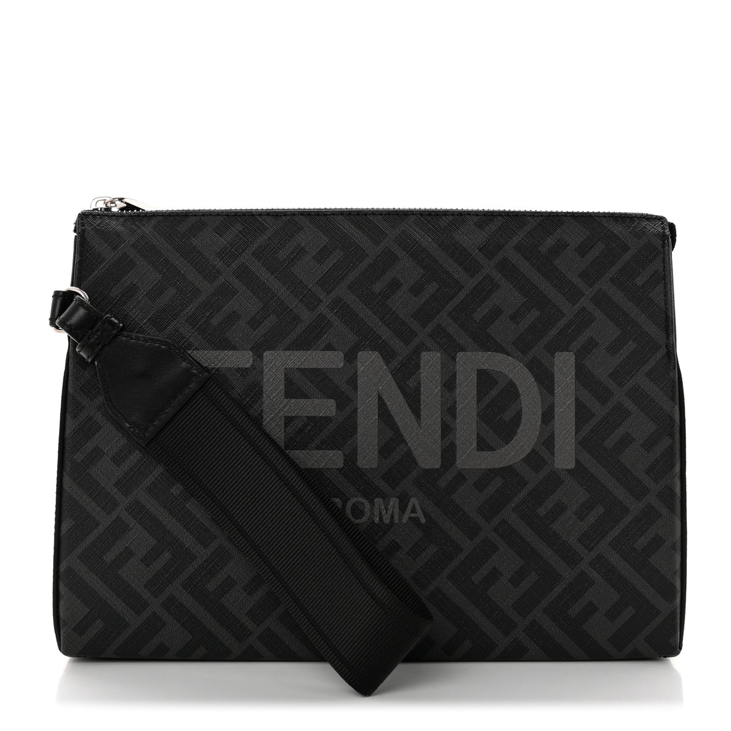 Shiny Glazed Fabric Vitello Cover FF 1974 Logo Clutch Black
