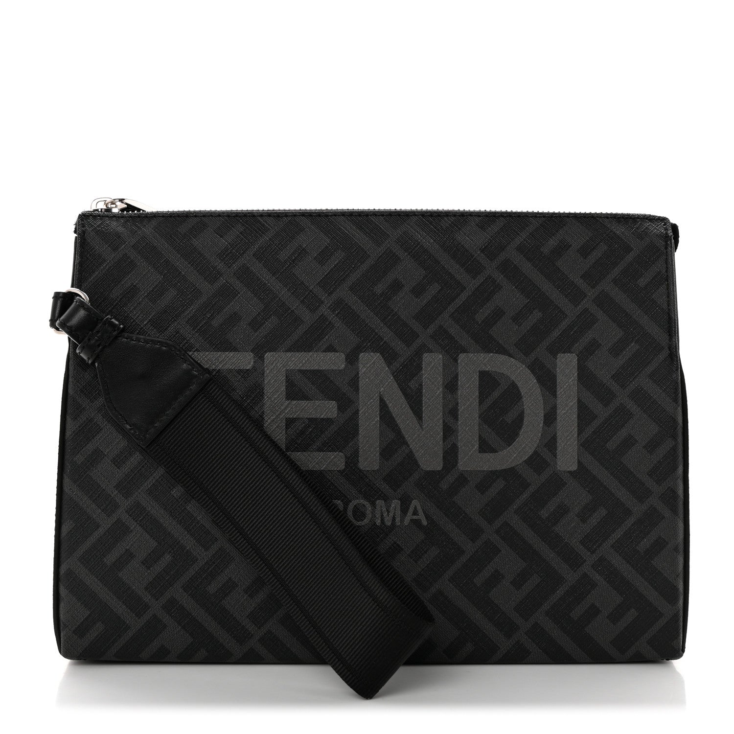 Fendi Shiny Glazed Fabric Vitello Cover FF 1974 Logo Clutch Black 1 of 7