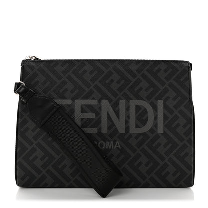 Fendi Shiny Glazed Fabric Vitello Cover FF 1974 Logo Clutch Black 1 of 7