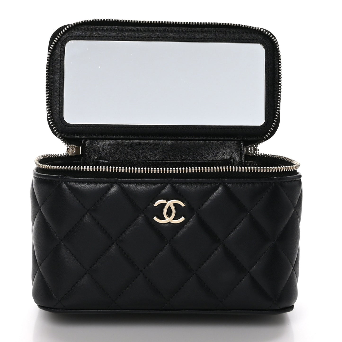 Lambskin Quilted Small Top Handle Vanity Case With Chain Black