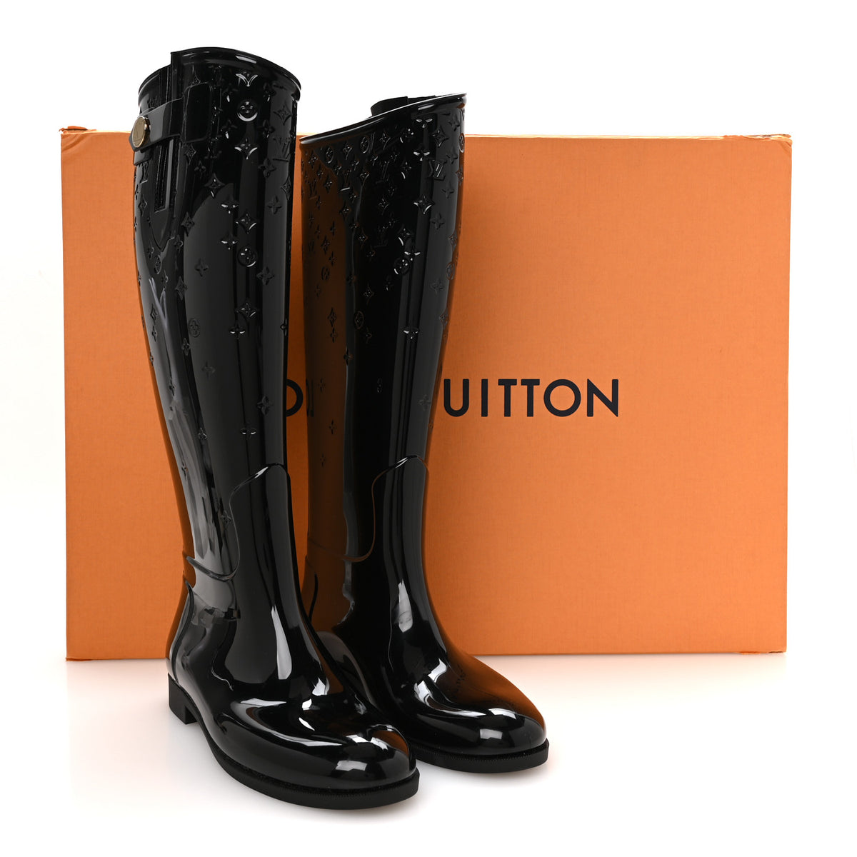 Rubber Embossed Monogram Drops High Rain Boots 36 Black