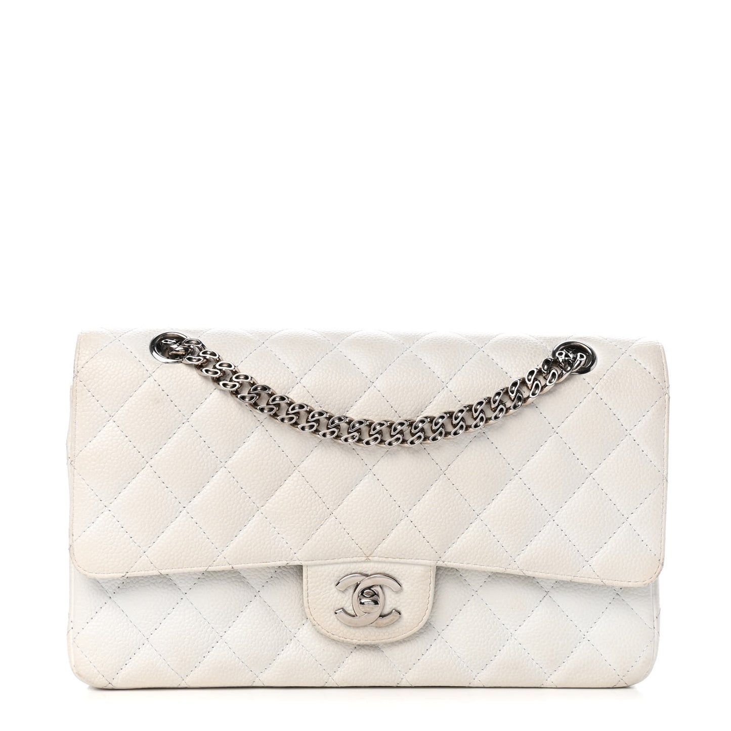 Caviar Quilted Medium Double Flap Bijoux Chain White