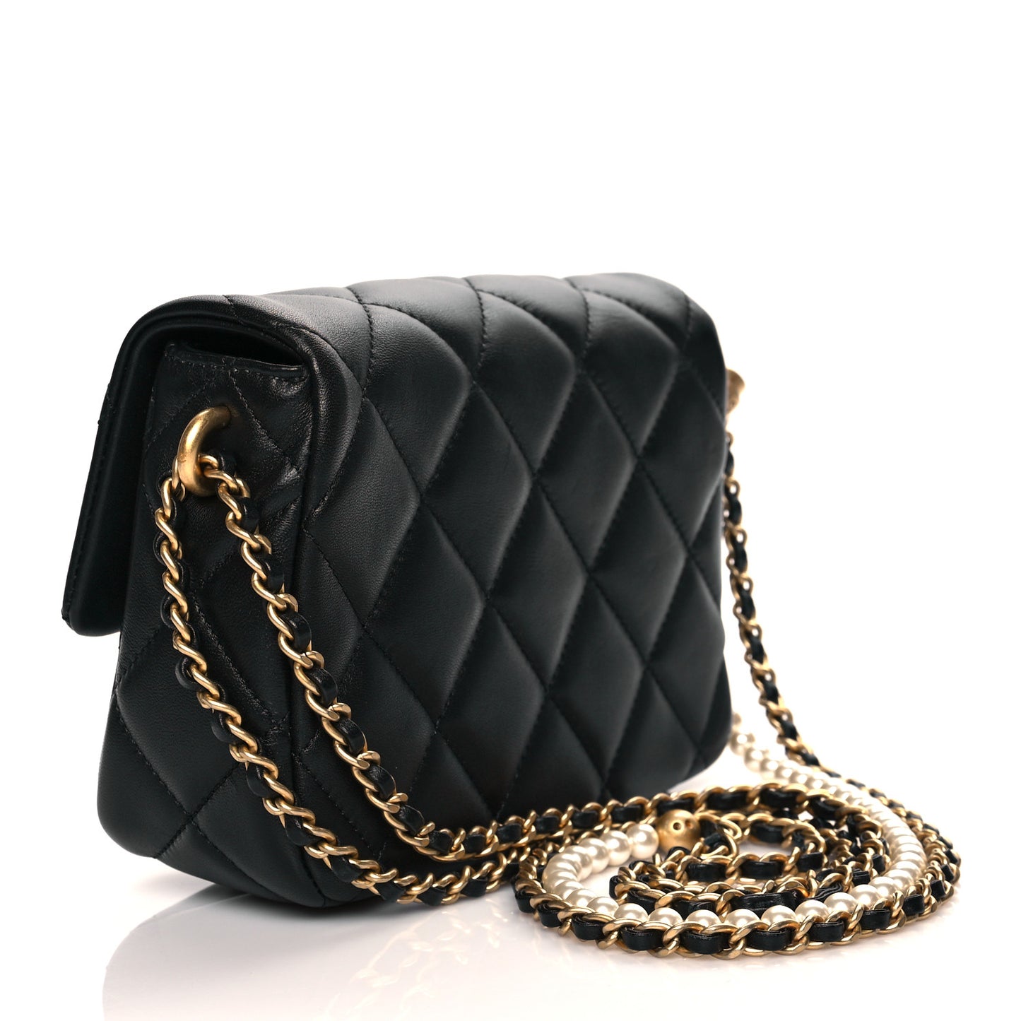 Calfskin Quilted Mini Square Pearls Chain Flap Black