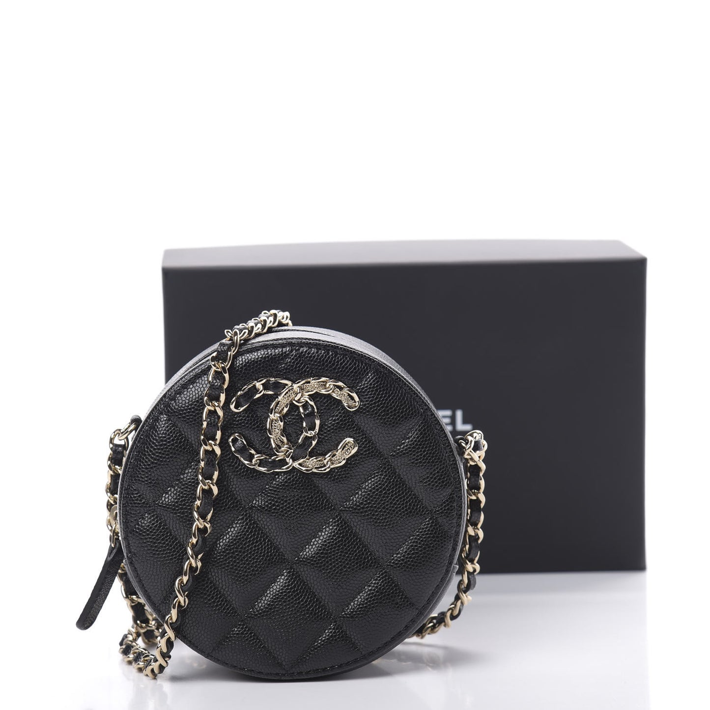 Caviar Quilted French New Wave Round Clutch With Chain Black