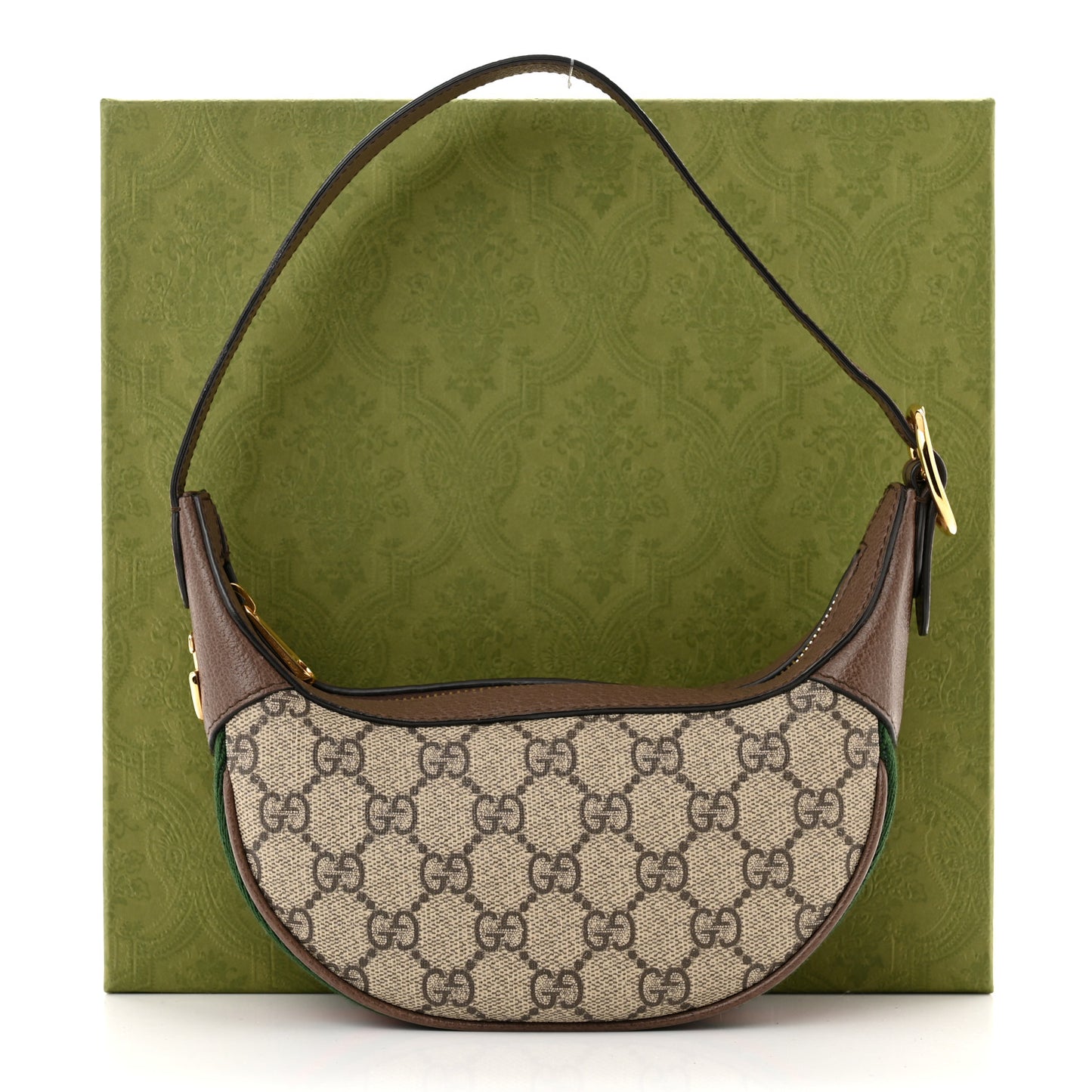 GG Supreme Monogram Textured Calfskin Web Mini Ophidia Half Moon Hobo Beige Ebony New Acero