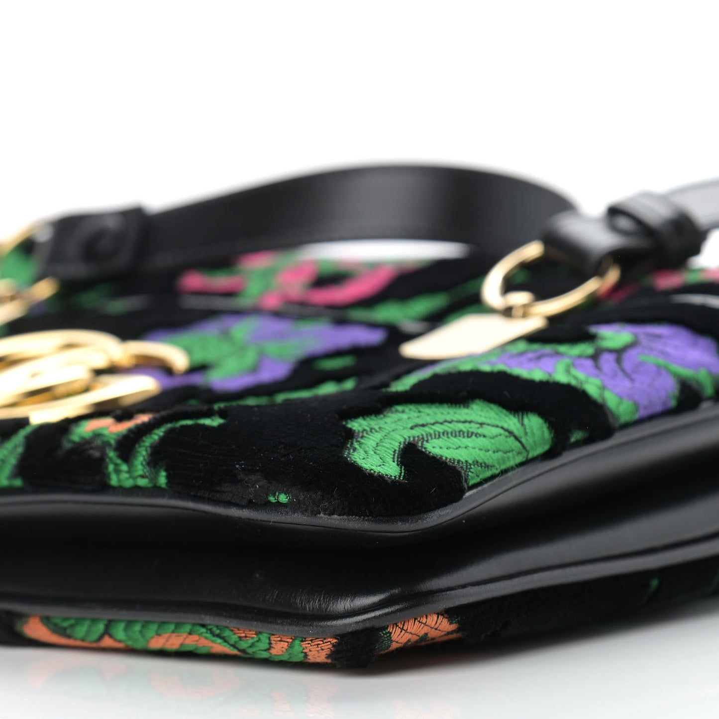 Velvet Jacquard Floral Embroidered Large Arli Top Handle Bag Black Green Multicolor