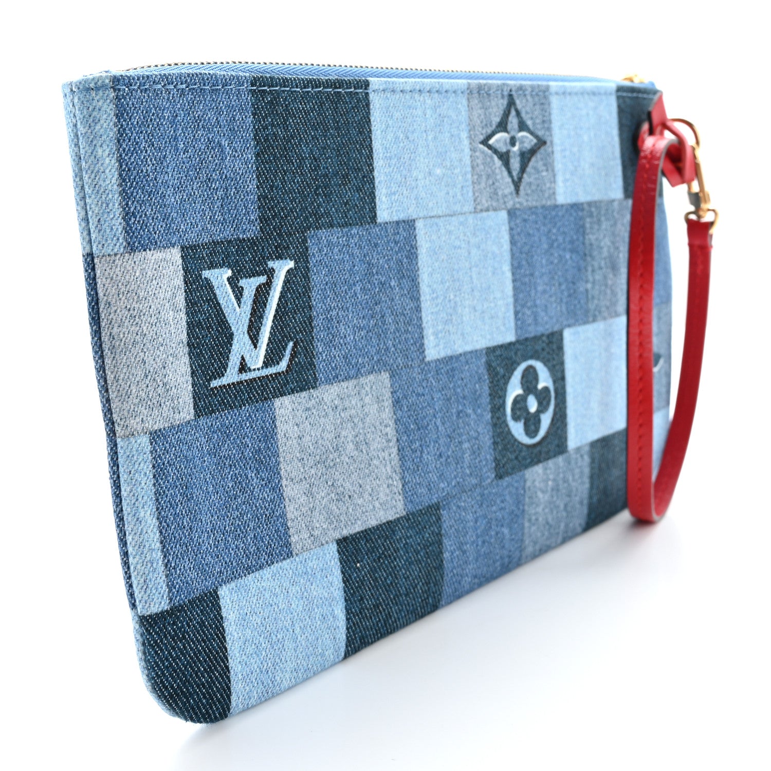 Louis Vuitton Denim Damier Monogram Patchwork Neverfull MM Pochette Blue Rouge 3 of 8