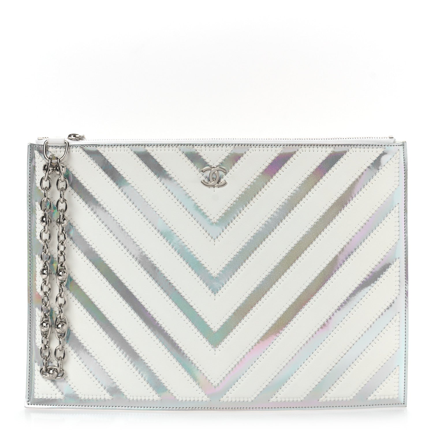 Chanel Lambskin Metallic Chevron Zip Pouch White Silver 1 of 9