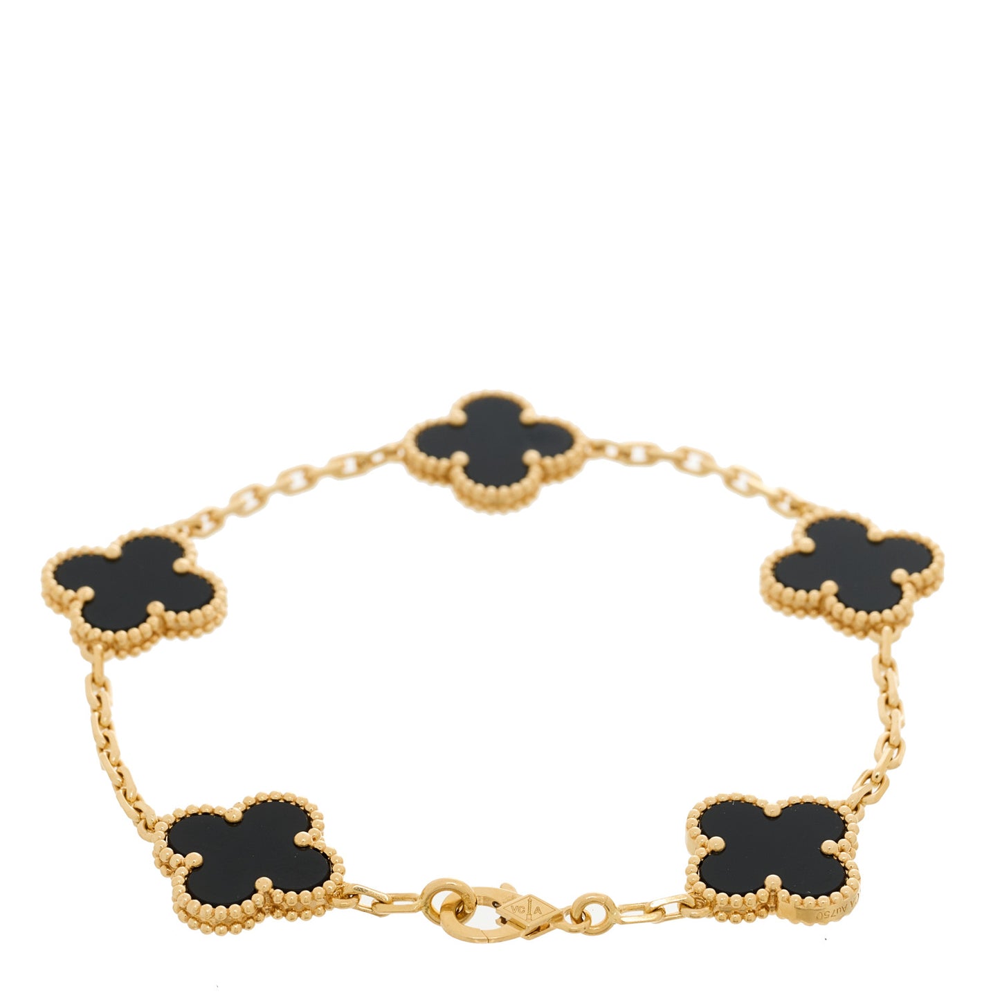 18K Yellow Gold Black Onyx 5 Motifs Vintage Alhambra Bracelet