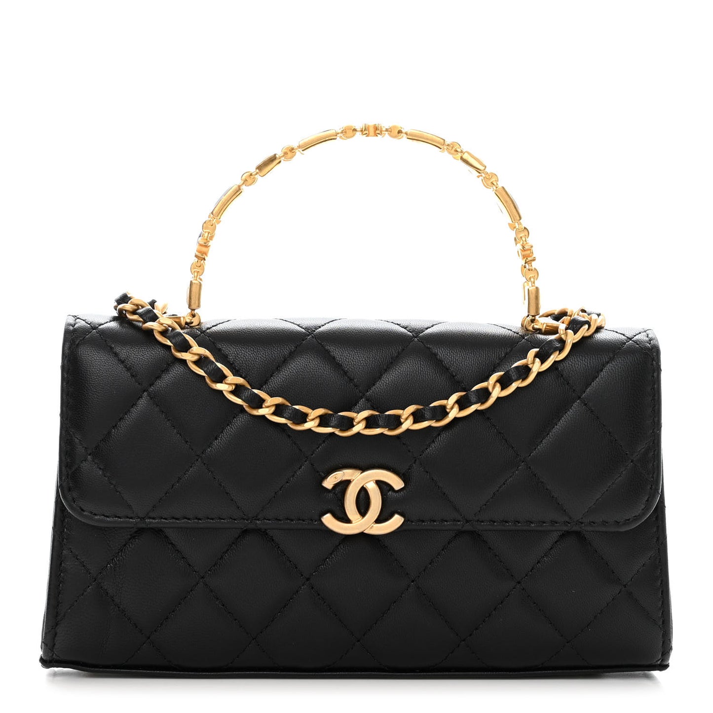 Lambskin Enamel Quilted Top Handle Flap Phone Holder With Chain Black