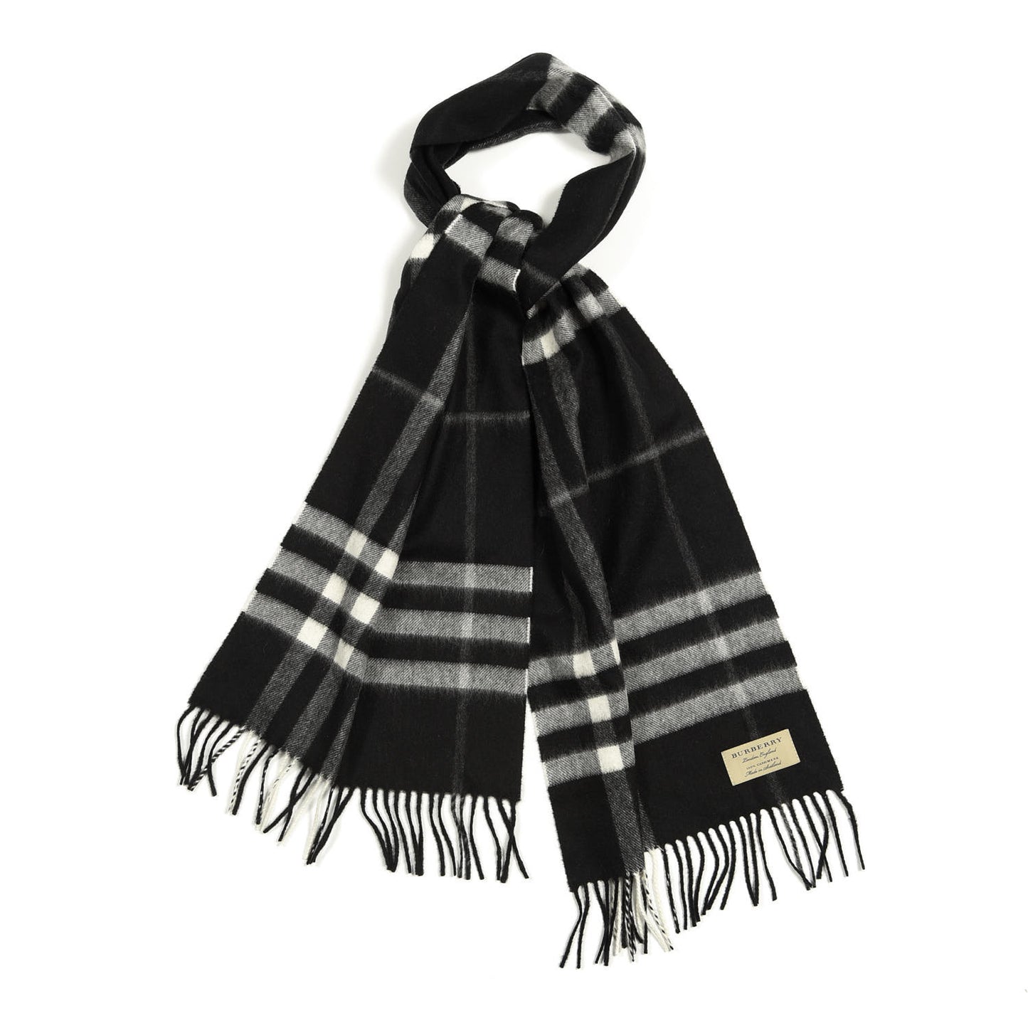 Cashmere Giant Check Fringe Scarf Black
