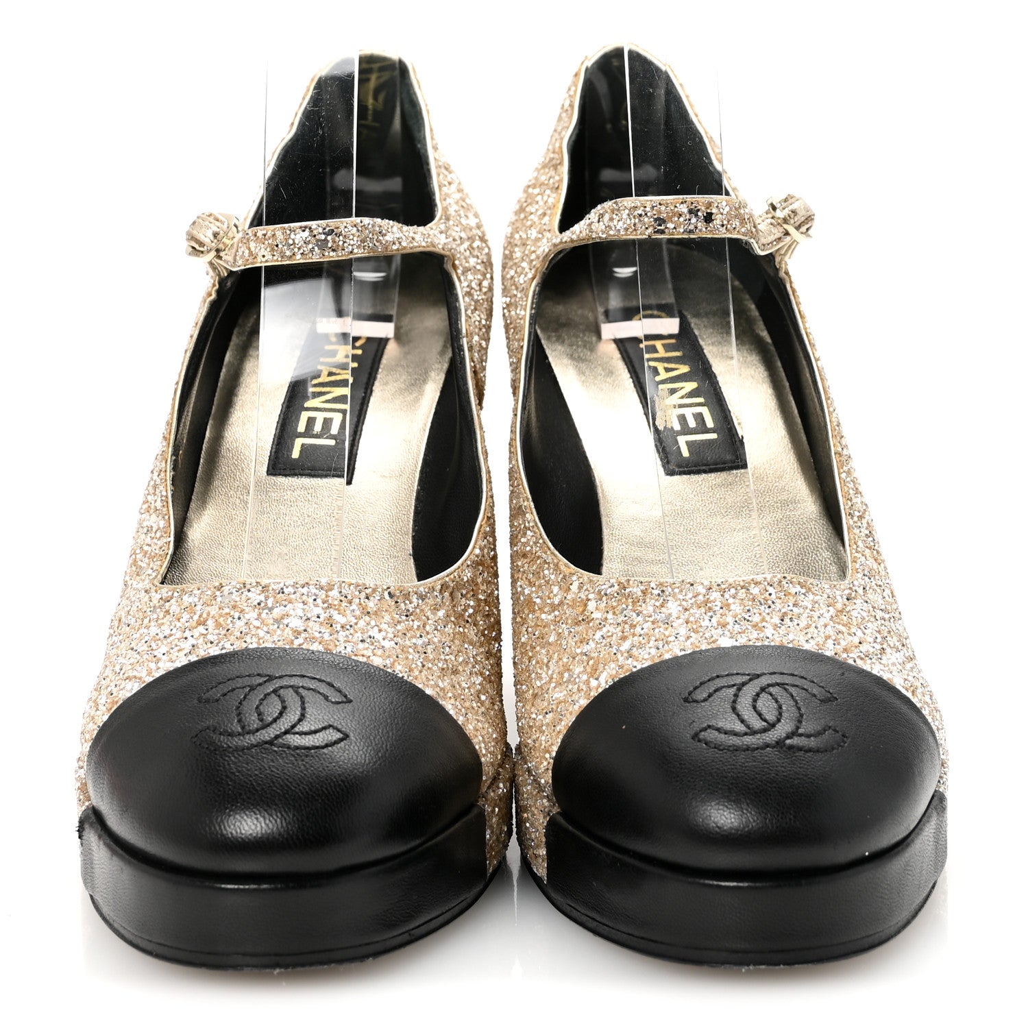 Chanel Glitter Lambskin Cap Toe CC Mary Jane Pumps 40 Light Gold Black 3 of 9