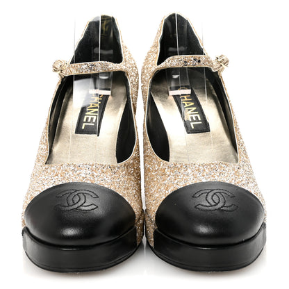 Chanel Glitter Lambskin Cap Toe CC Mary Jane Pumps 40 Light Gold Black 3 of 9
