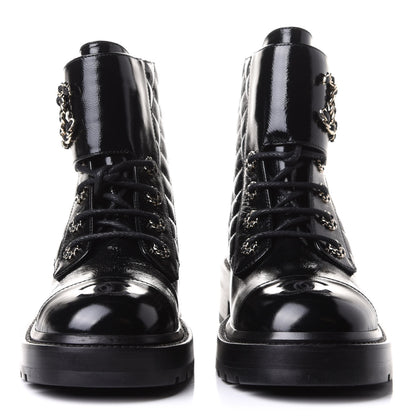 Chanel Shiny Calfskin Quilted Lace Up Combat Boots 38.5 Black 2 of 10