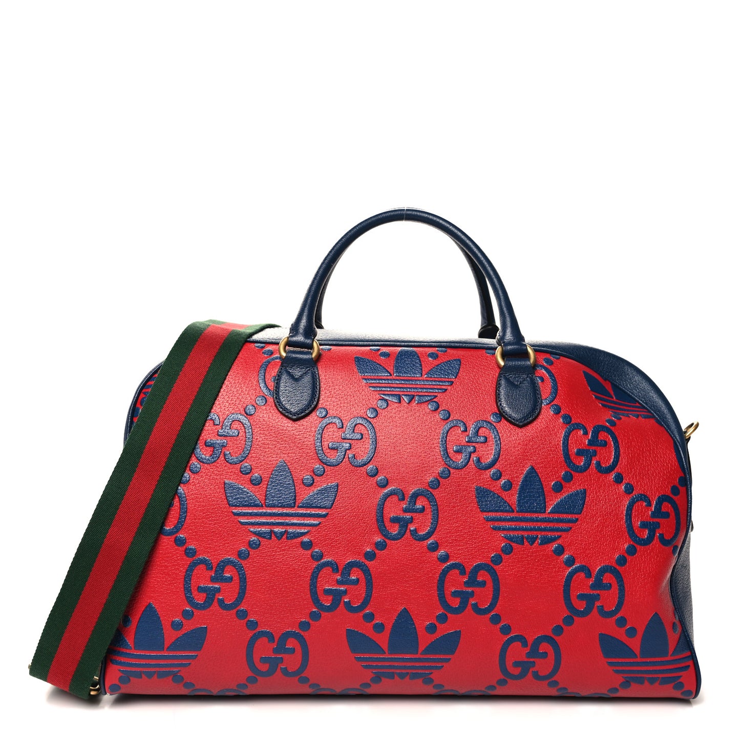 X ADIDAS Canvas Textured Dollar Calfskin Web GG Monogram Trefoil Large Bowling Bag Hibiscus Red  Blue Navy