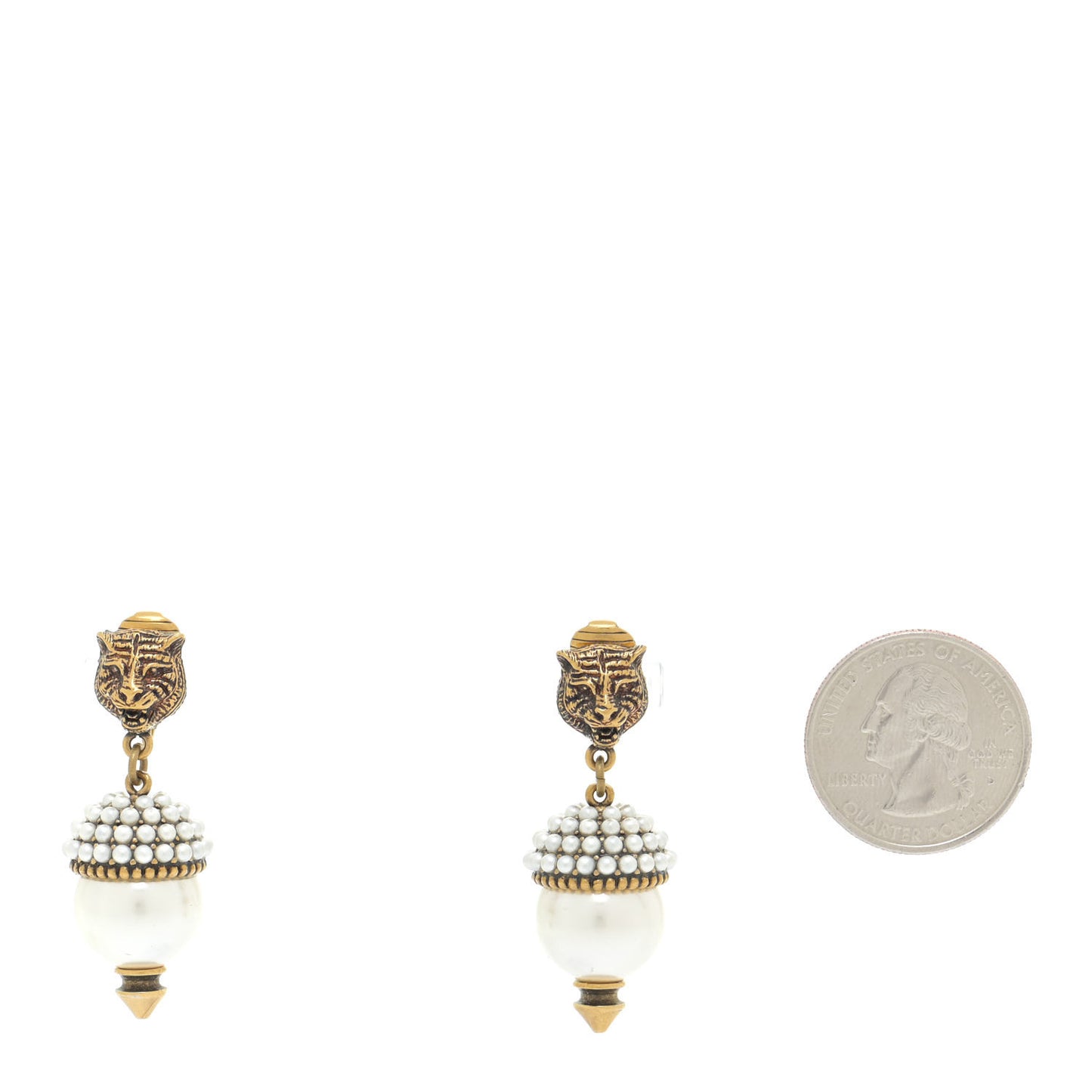 Metal Resin Pearl Feline Clip On Earrings Aged Gold