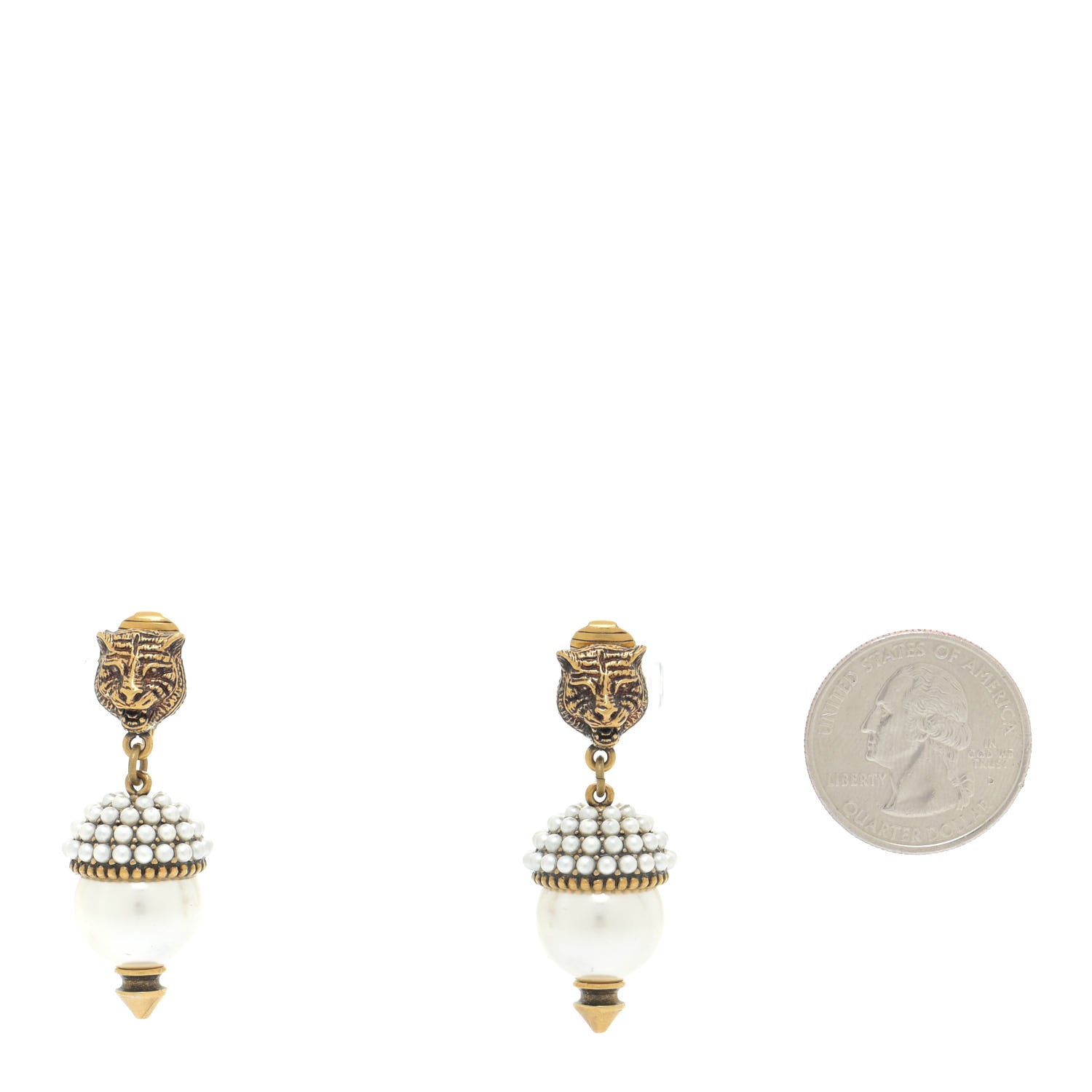 Gucci Metal Resin Pearl Feline Clip On Earrings Aged Gold 2 of 4