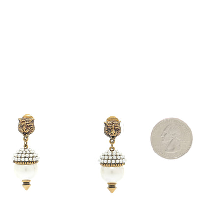 Gucci Metal Resin Pearl Feline Clip On Earrings Aged Gold 2 of 4