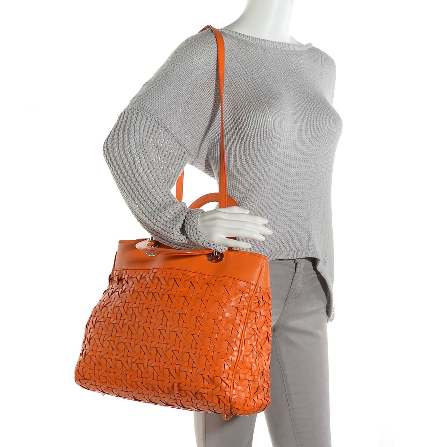 Lambskin Woven North South Avenue Tote Orange