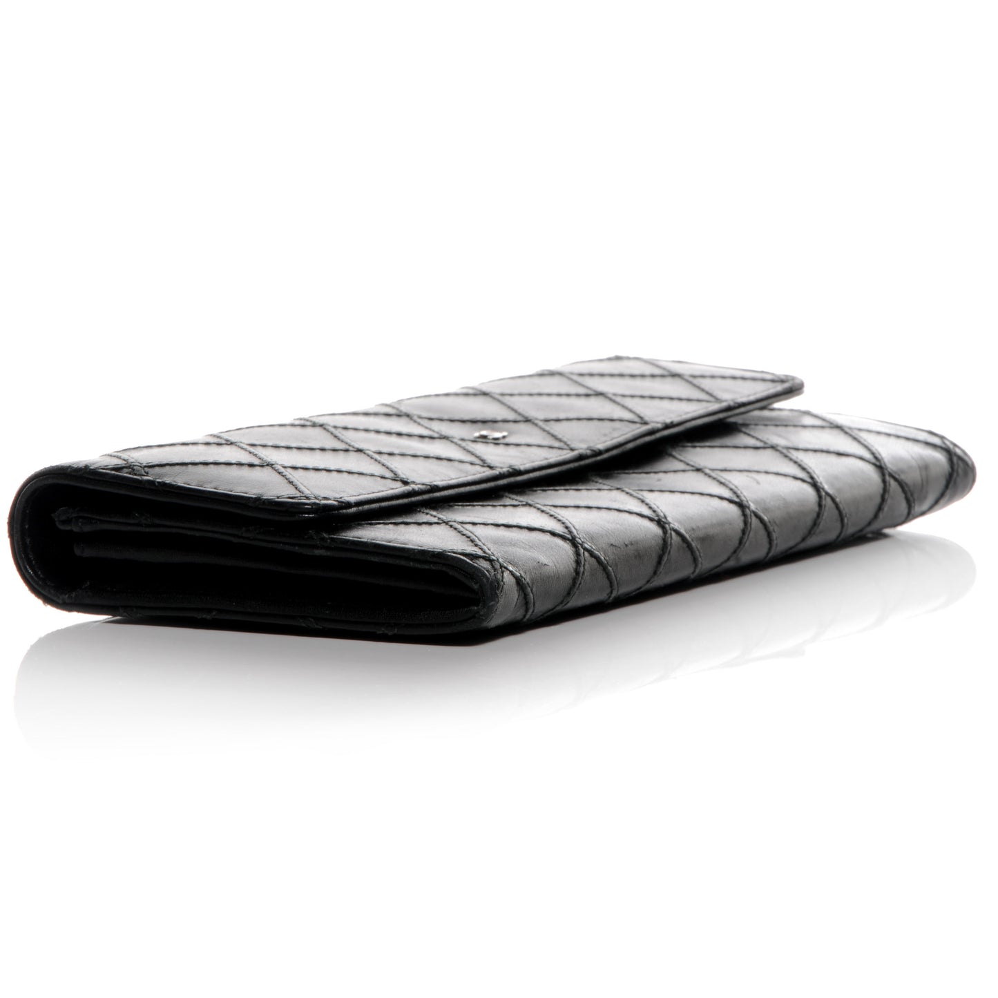 Lambskin Diamond Stitched Long Flap Wallet Black